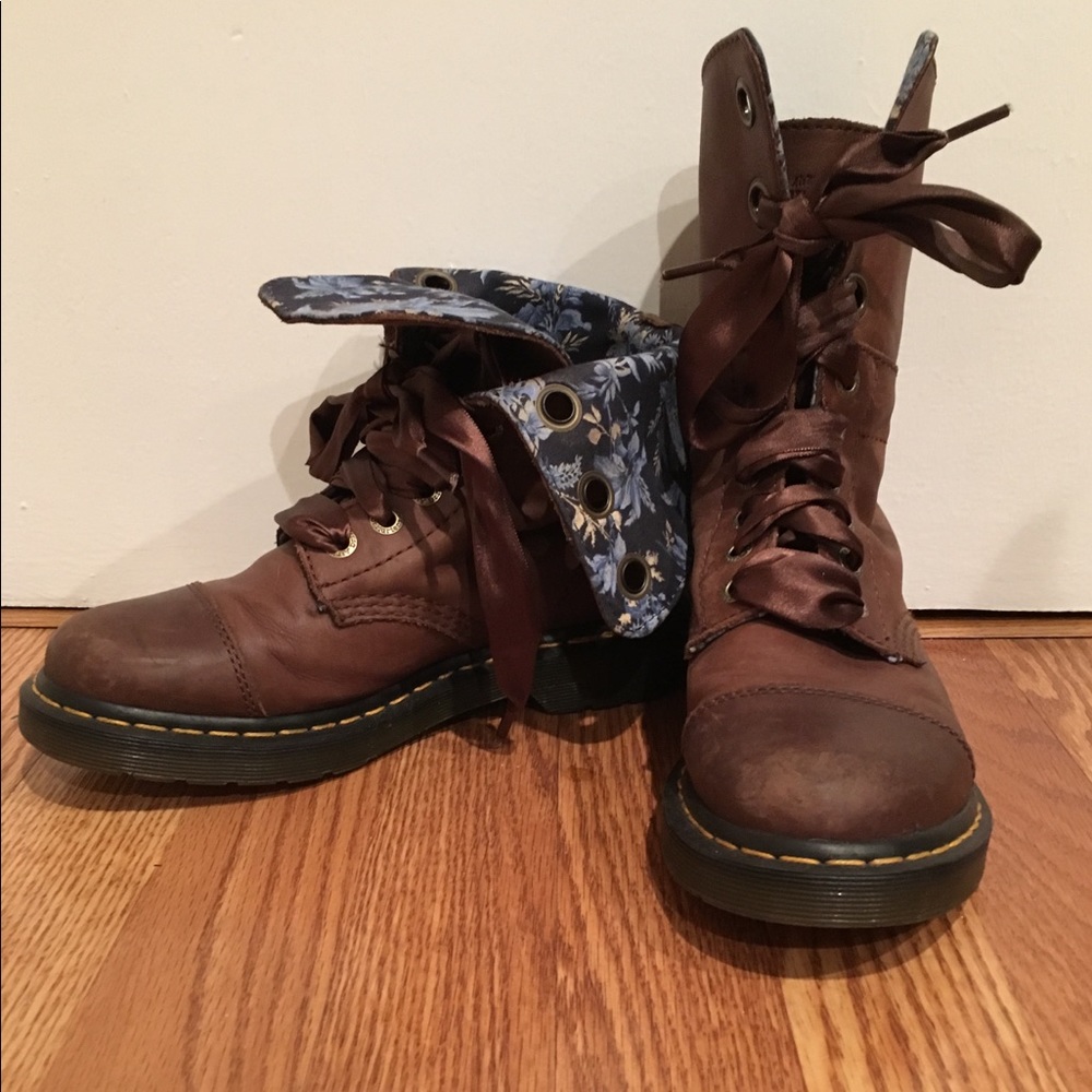 Brown Dr Martin boots with blue flower lining